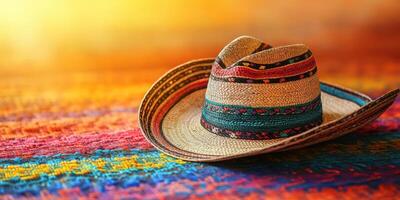 Vibrant traditional hat rests on a colorful woven blanket under warm light photo