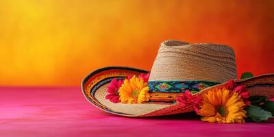 Colorful sombrero adorned with vibrant flowers set against a warm orange and pink backdrop photo