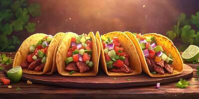 Delicious beef tacos with fresh vegetables and lime on a wooden table in a warm atmosphere photo