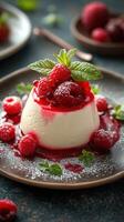 Delicious panna cotta topped with fresh raspberries and mint on a dark textured background photo