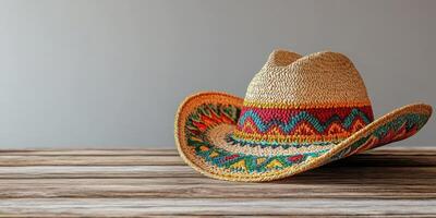 Colorful woven hat rests on a weathered wooden table in a bright, minimalist setting showcasing traditional craftsmanship photo