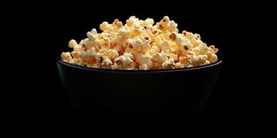 Enjoying fluffy popcorn in a black bowl on a cozy movie night indoors photo