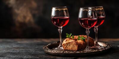 Elegant setting with red wine glasses and fresh bread on a decorative platter during a cozy evening gathering photo