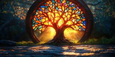 Vibrant stained glass tree illumination at sunset in a tranquil garden photo