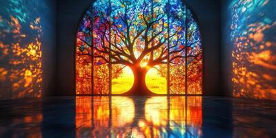 Stunning stained glass tree mural showcasing vibrant colors at sunset in an indoor setting photo
