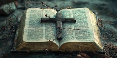 Old book with a wooden cross resting on it, surrounded by twigs and natural elements in a tranquil setting photo