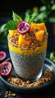 Delicious chia pudding topped with mango, granola, and passion fruit served in a glass photo