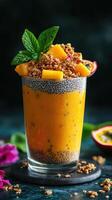 Colorful mango chia pudding topped with granola and fresh fruit on a dark background photo