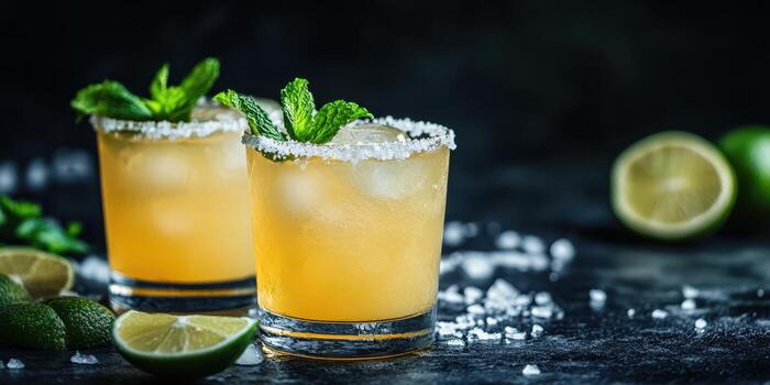Refreshing citrus cocktails with a garnish of mint and salt on a dark background photo