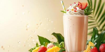 Refreshing fruit smoothie topped with whipped cream and fresh strawberries in a tropical setting photo