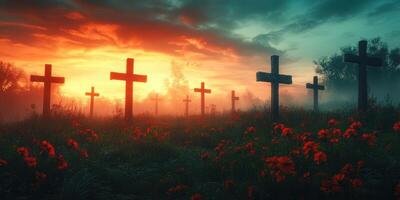 Sunset over a graveyard with wooden crosses and blooming red flowers in a serene landscape photo