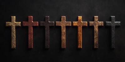 Different styles of crosses displayed in a row against a dark background for artistic appreciation photo