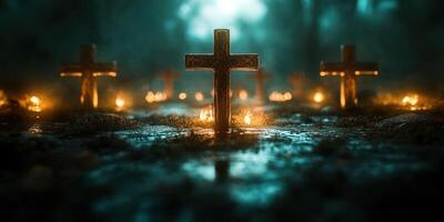 Graveyard at dusk with glowing crosses illuminating a misty forest path photo