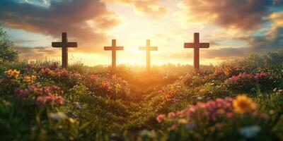 Sunset over a peaceful graveyard with crosses and colorful flowers in the foreground photo