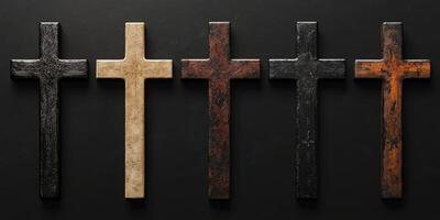 Decorative crosses displayed in a linear arrangement on a dark background, showcasing various textures and colors photo