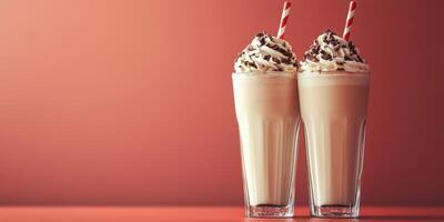 Creamy milkshakes topped with whipped cream and chocolate bits served in tall glasses against a warm background photo
