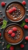 Chocolate mousse topped with fresh raspberries and chocolate chips in two bowls surrounded by mint leaves photo