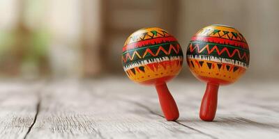 Colorful maracas displayed on a wooden table, showcasing vibrant design and cultural significance photo