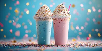 Colorful frozen drinks topped with whipped cream and sprinkles create a festive atmosphere for summer celebrations photo
