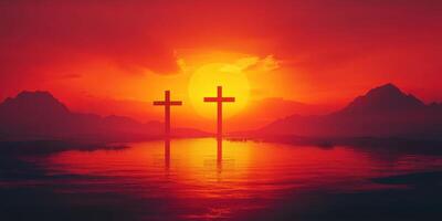 Sunset silhouette of two crosses beside tranquil water with mountains in the background photo