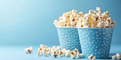 Freshly popped popcorn in blue polka dot cups ready for a movie night at home or a party photo