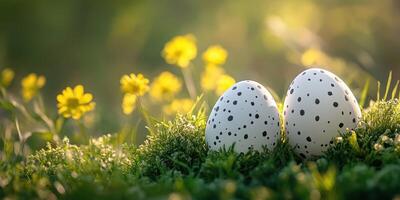 Decorative eggs resting on green grass amidst blooming wildflowers during springtime photo