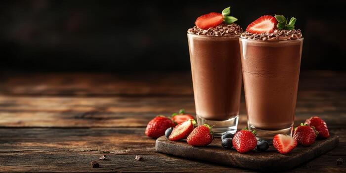 Delicious chocolate smoothies topped with strawberries and chocolate shavings served on a rustic wooden table photo