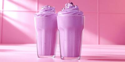 Refreshing pink milkshakes topped with whipped cream and sprinkles in a pastel setting photo