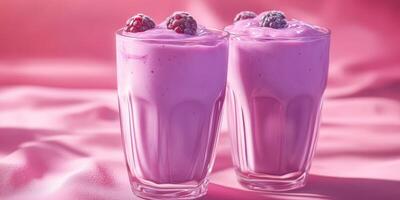 Delicious raspberry smoothies served in clear glasses with a vibrant pink background photo