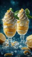 Delicious lemon sorbet topped with creamy whipped cream served in elegant glasses surrounded by fresh lemon slices photo