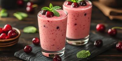 Refreshing cherry smoothie served in glasses with garnishes on a wooden table photo