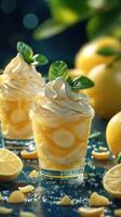 Refreshing lemon sorbet served in chilled glasses with whipped cream on a sunny afternoon photo