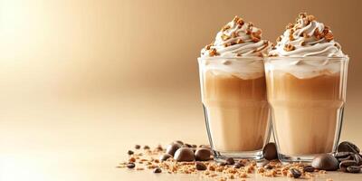 Delicious chilled coffee drinks topped with whipped cream and crushed cookies on a light background photo