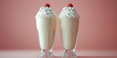 Enjoying two creamy milkshakes topped with whipped cream and cherries against a soft pink background photo