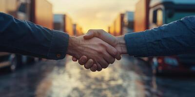 Handshake between two business partners at sunset near cargo trucks in a logistic hub photo