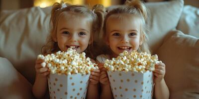 Two smiling girls enjoying popcorn together on a cozy couch in a warm living room during a family movie night photo