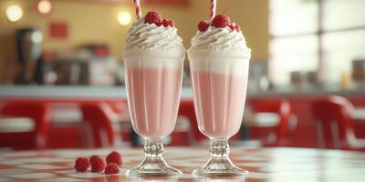 Classic milkshakes topped with whipped cream and fresh raspberries served in a retro diner setting photo
