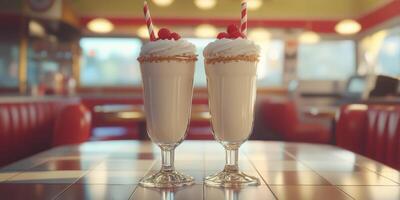 Milkshakes served in vintage glasses at a diner with retro decor and cozy atmosphere photo