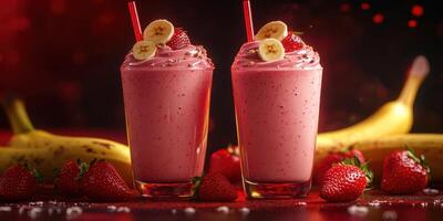 Delicious strawberry banana smoothies served with fresh fruits in a vibrant setting photo