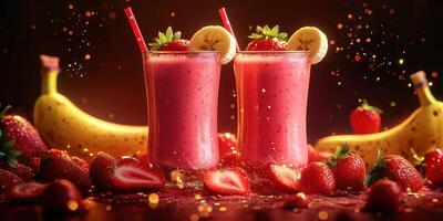 Smoothie preparation showcasing vibrant strawberry and banana flavors in a creative food setting photo