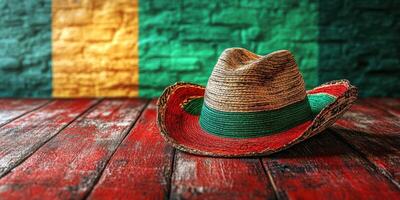 Rustic hat placed on a vibrant wooden table against a colorful wall with distinctive stripes photo