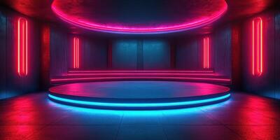 Vibrant neon-lit performance stage with colorful lighting and circular design in an urban setting photo