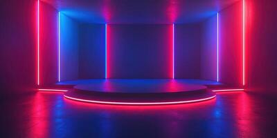 Vibrant neon light stage with blue and pink illumination in a modern urban setting photo