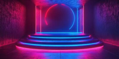 Neon-lit stage with circular backdrop in an abstract space for artistic performances or events photo