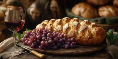 Freshly baked bread with red wine and grapes on a rustic wooden table in a cozy setting photo