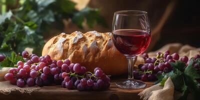 Fresh bread and red wine with grapes create a rustic dining atmosphere in a cozy setting photo