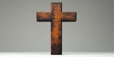 Wooden cross on a flat surface with a plain background highlighting its texture and craftsmanship photo