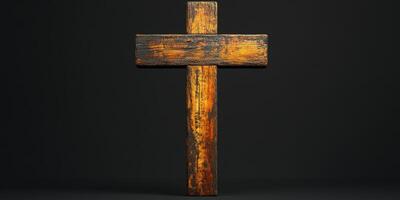 Rustic wooden cross displayed on a dark background showcasing weathered texture and natural grain patterns photo