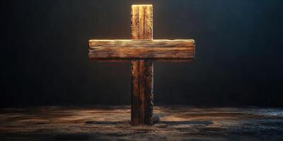 Wooden cross illuminated by soft light, symbolizing faith and spirituality during quiet moments of reflection photo