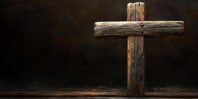 Wooden cross stands in a dimly lit space highlighting the contrast between light and shadow photo